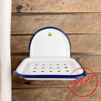 White enamel soap dish with blue border