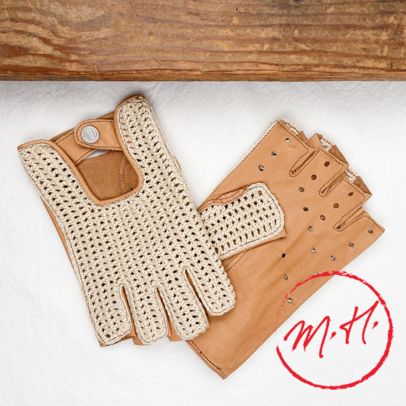 Crochet and lambskin mittens