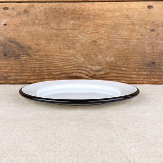 Dinner plate in white enamel with black trim