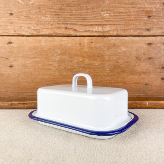 White enamel butter dish with blue border