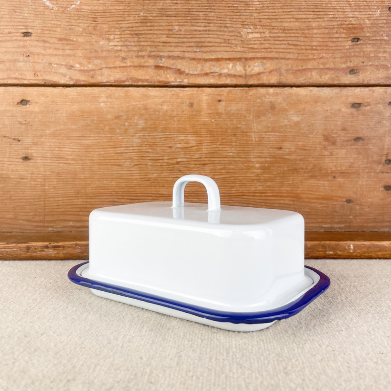 White enamel butter dish with blue border