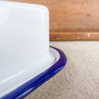 White and blue enamelled metal butter dish
