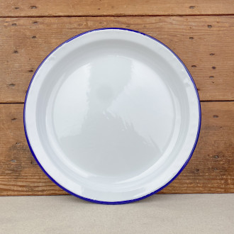 Soup plate in white enamel with blue edging