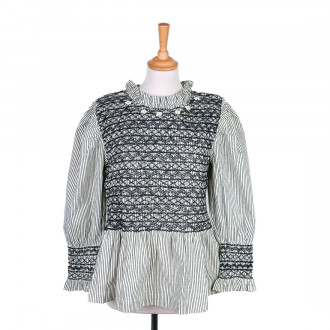 Smocked blouse black and ecru striped smocked blouse