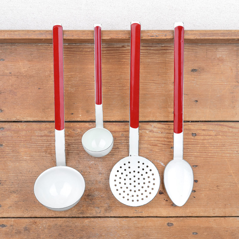 Kitchen utensil white enamel with red border