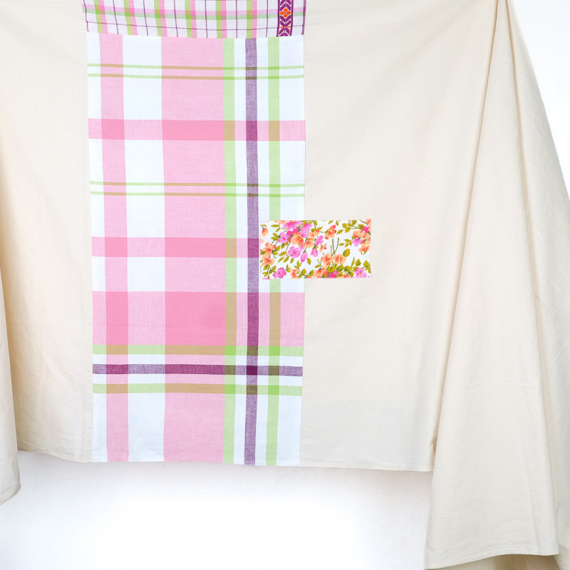 One-of-a-kind patchwork tablecloth pink green purple