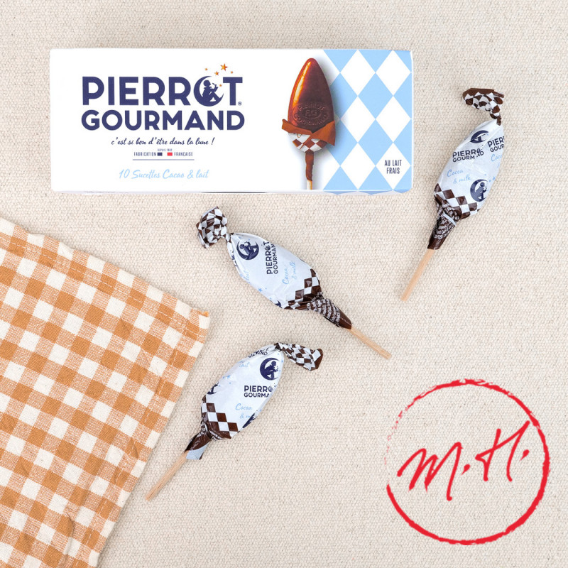 Case of 10 Pierrot Gourmand chocolate and milk lollipops