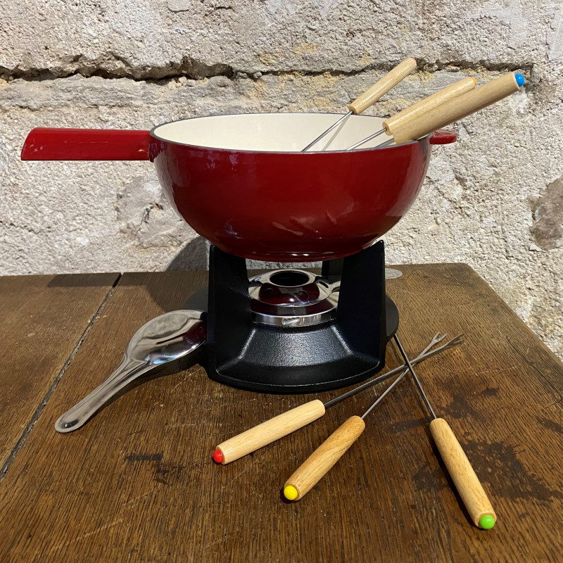 Cast iron / red enamel fondue set