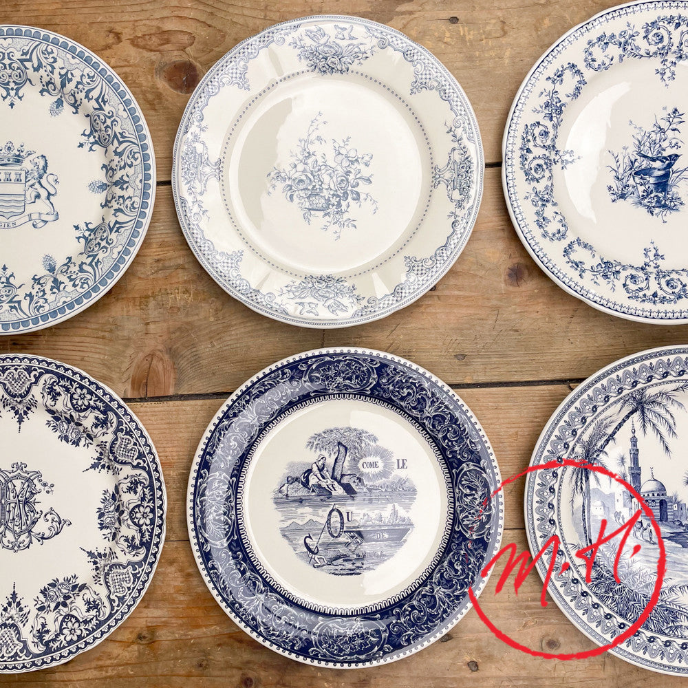 6 assiettes plates dépareillées bleues - Gien