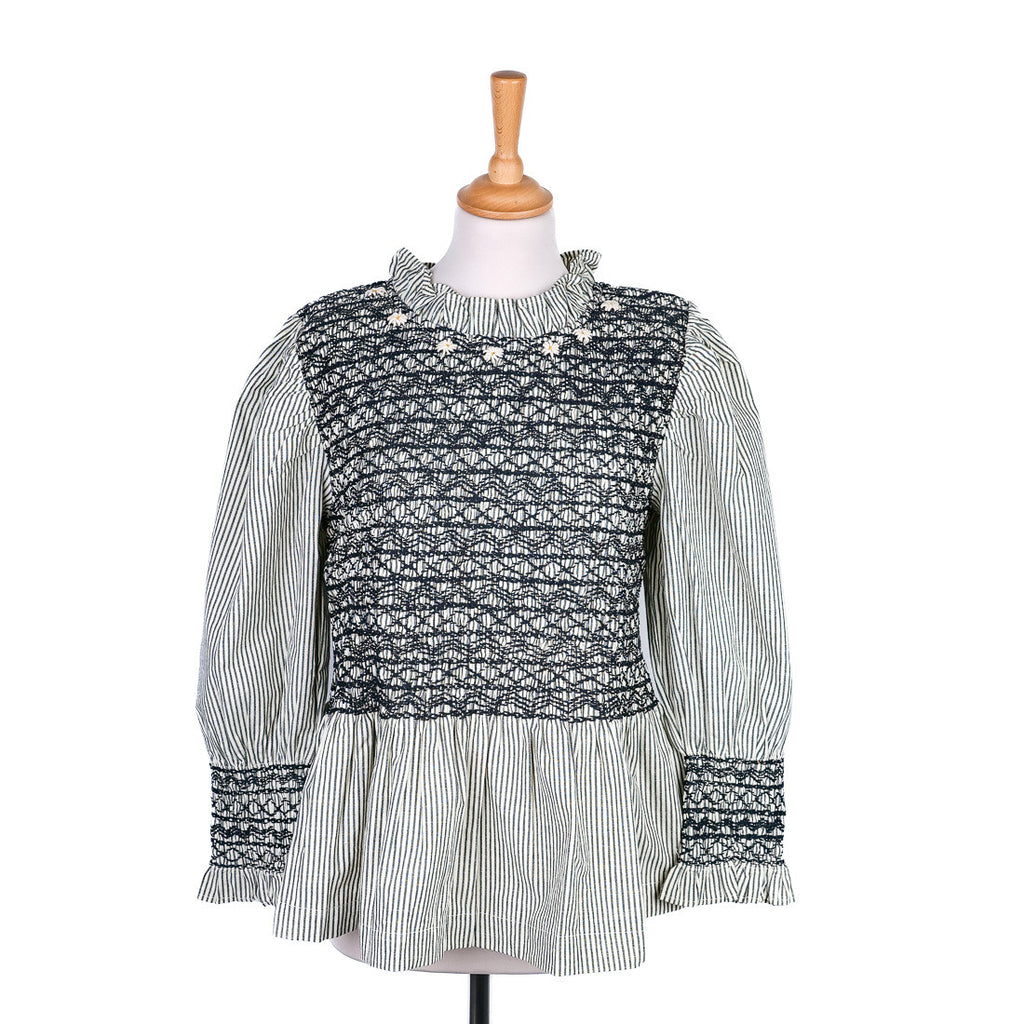 Blouse smockée blouse smockée rayée noire et écrue