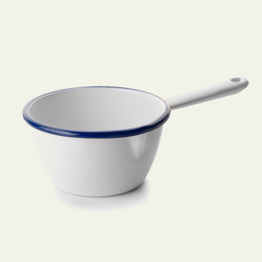 Casserole conique en émail blanc liseré bleu