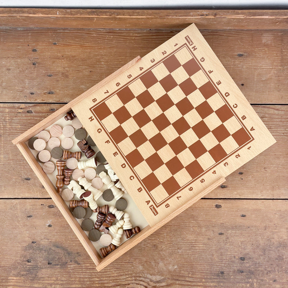 Coffret en bois jeu de dames et échecs Jeujura