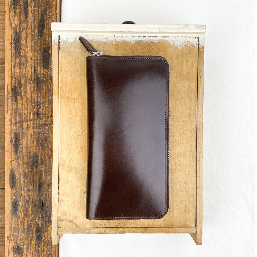 Grand porte-feuille en cuir zippé marron