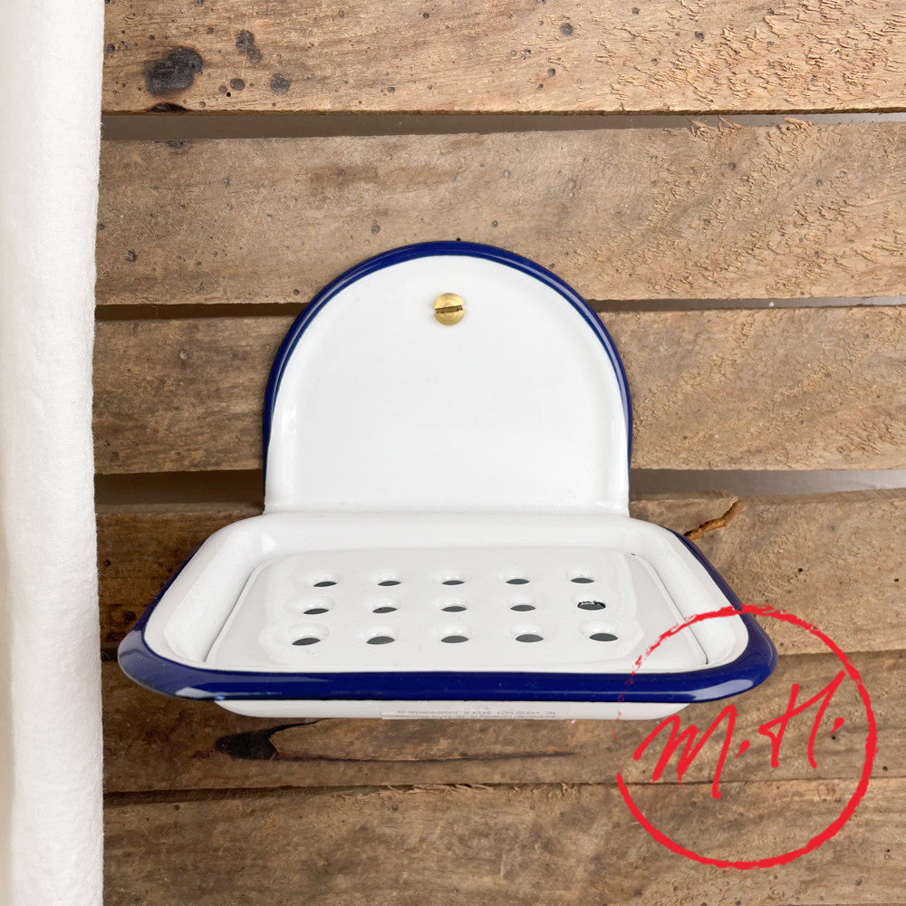 Porte-savon en email blanc avec liseré bleu
