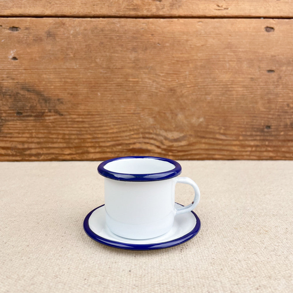tasse à café émail blanc liseré bleu