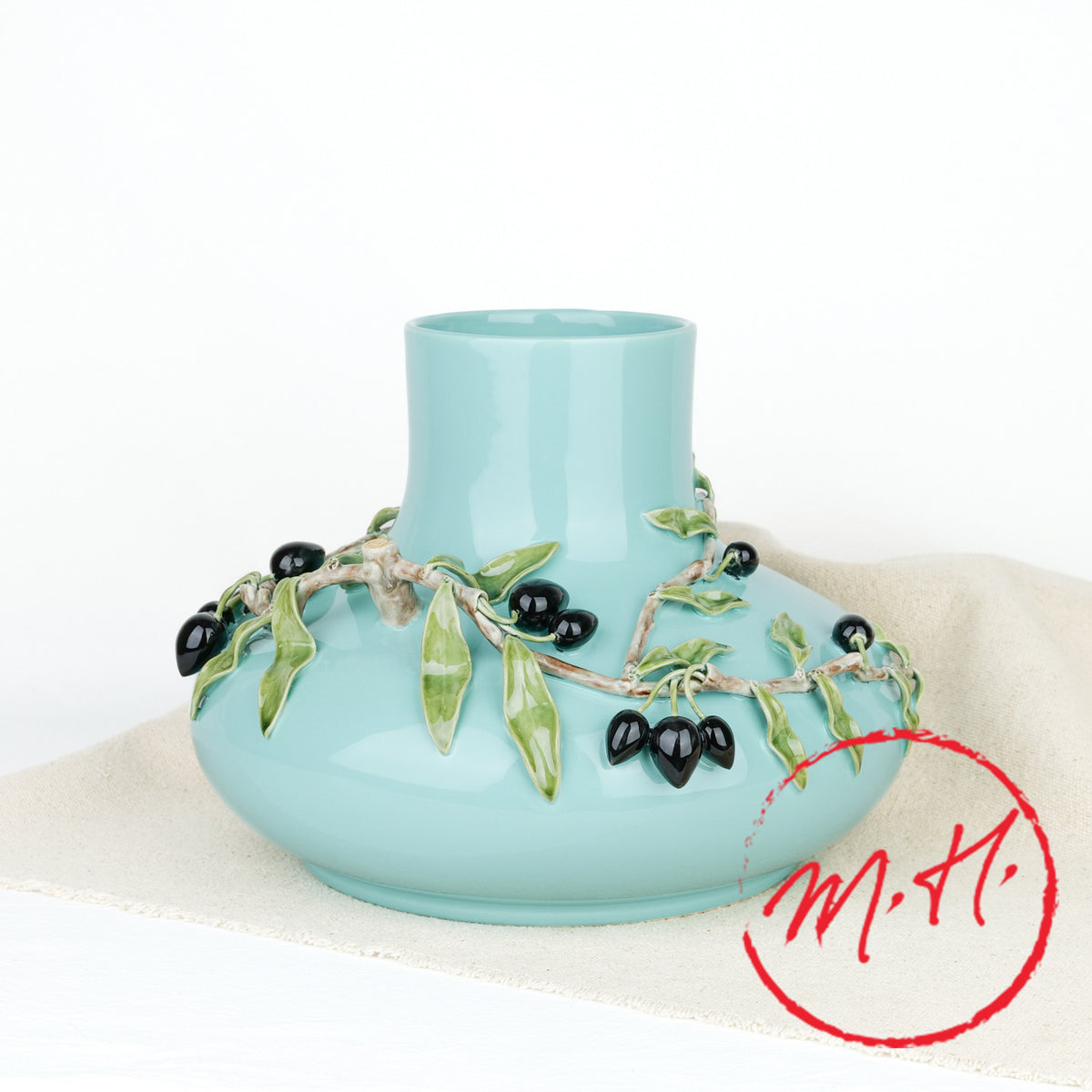Vase bleu turquoise olives